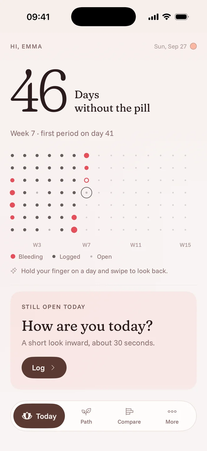 Mena home screen: 46 days without the pill